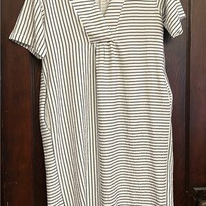 Striped V-Neck Midi Dress in Cream and Black